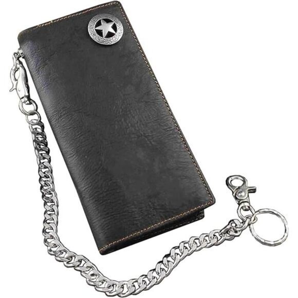 Biker Rock Star Concho Mens Card Money Long Black Real Leahter Wallet With Chain - Picture 7 of 7